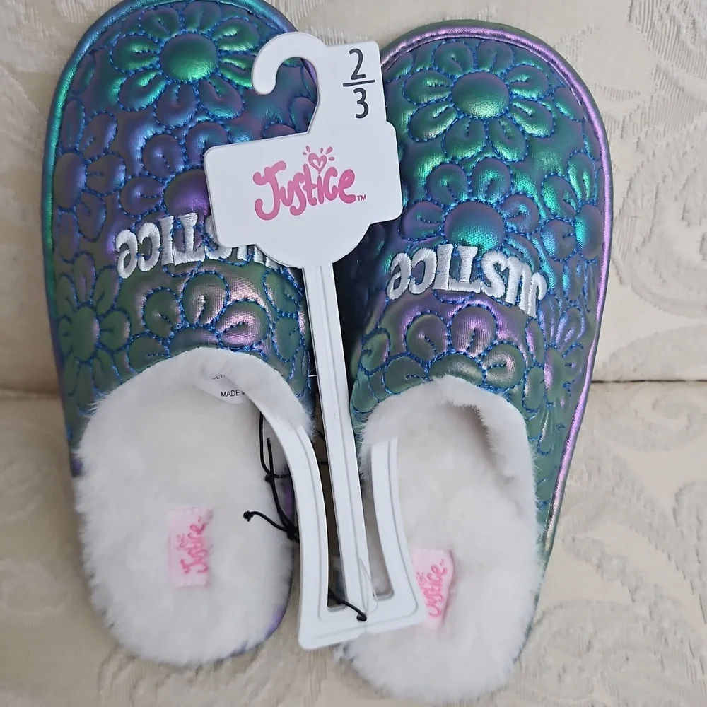 Justice Multicolor Floral Slippers with White Fur Size 2/3